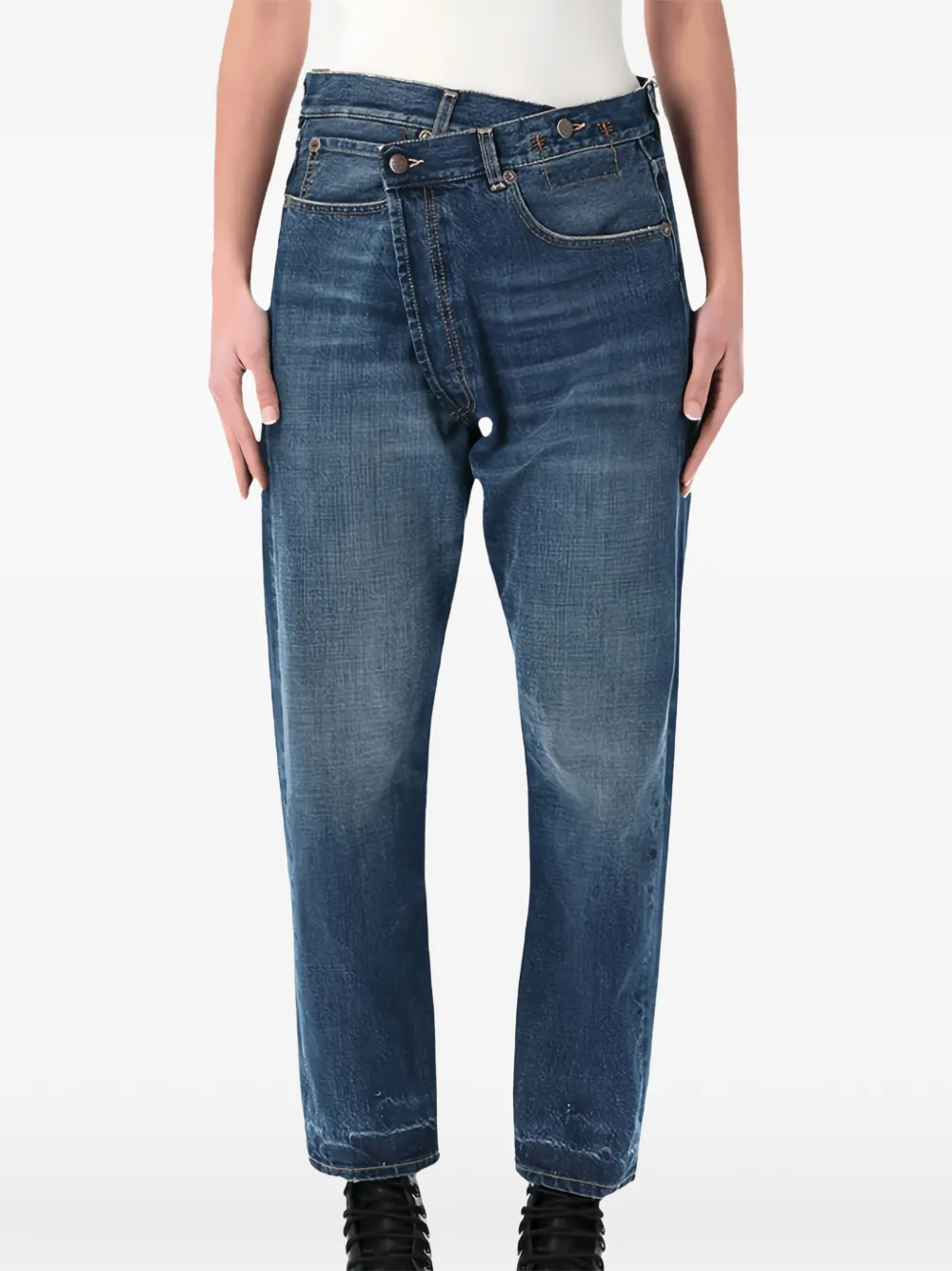 R13 crossover-waist whiskered jeans - Blau