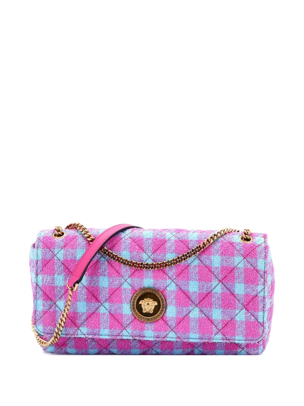 Versace Pre-Owned Medusa Icon Chain Flap Bag Quilted Tweed East West shoulder bag - Blu