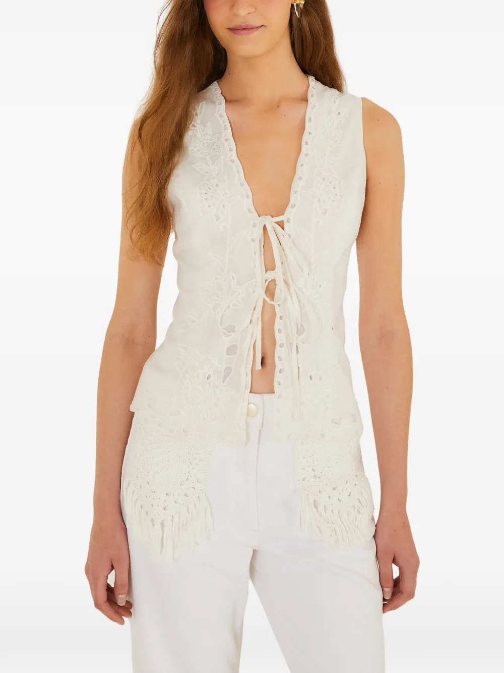 FARM Rio floral-embroidered fringe top - Bianco
