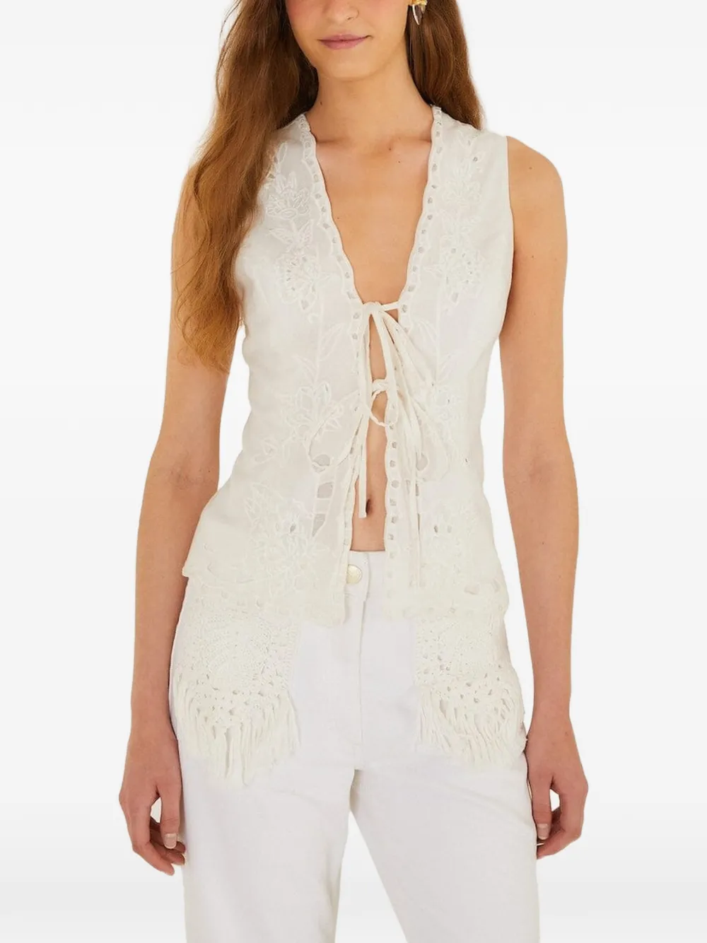 FARM Rio floral-embroidered fringe top - Weiß