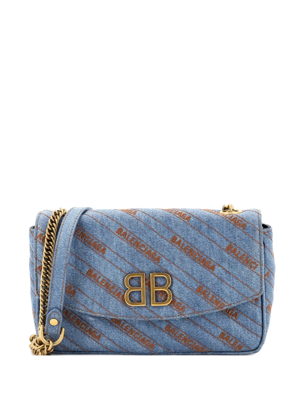 Balenciaga Pre-Owned BB Chain Round Quilted Embroidered Denim Medium shoulder bag - Blu