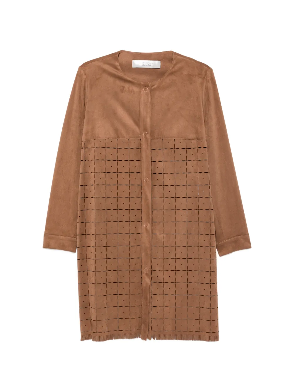 D.Exterior perforated-details fringed long-sleeve coat - Marrone
