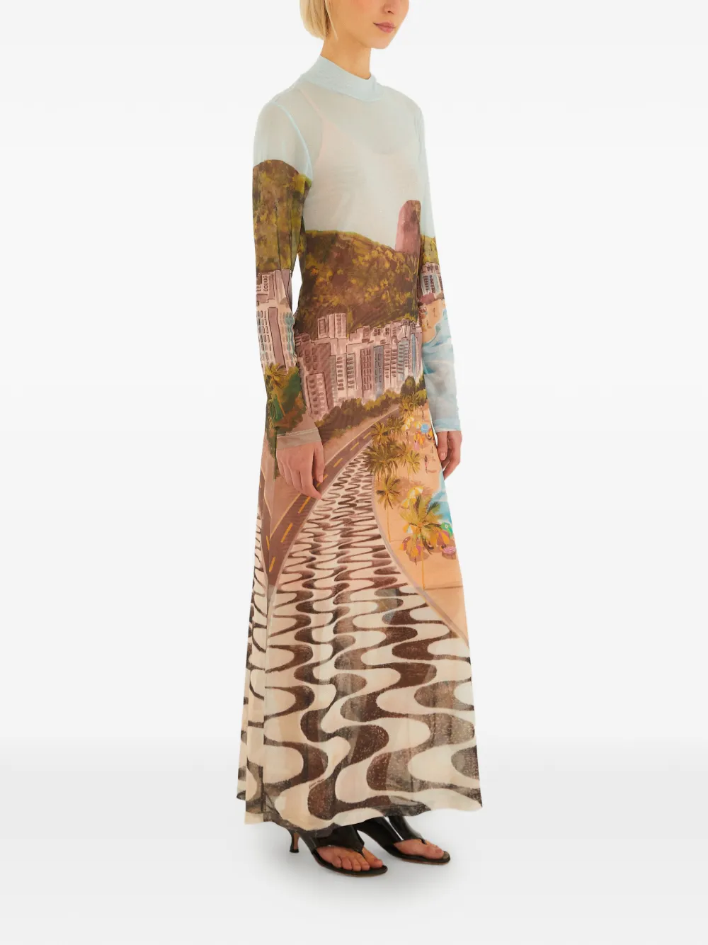 FARM Rio Maxi-jurk met lange mouwen en print Beige