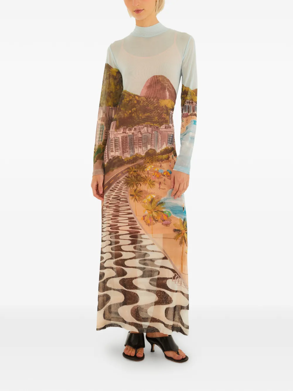 FARM Rio Maxi-jurk met lange mouwen en print Beige