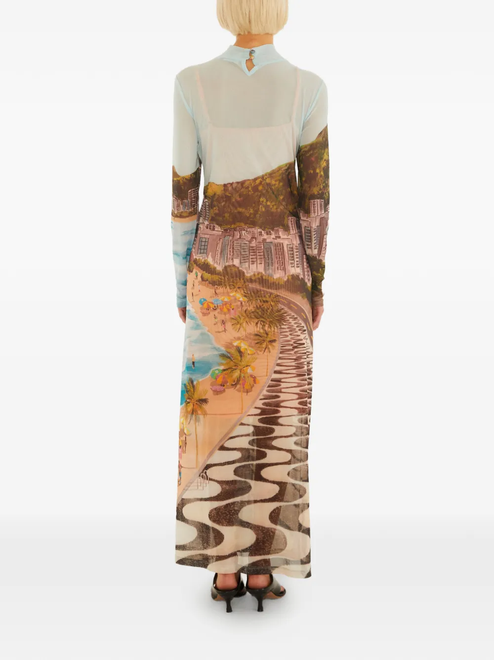 FARM Rio Maxi-jurk met lange mouwen en print Beige