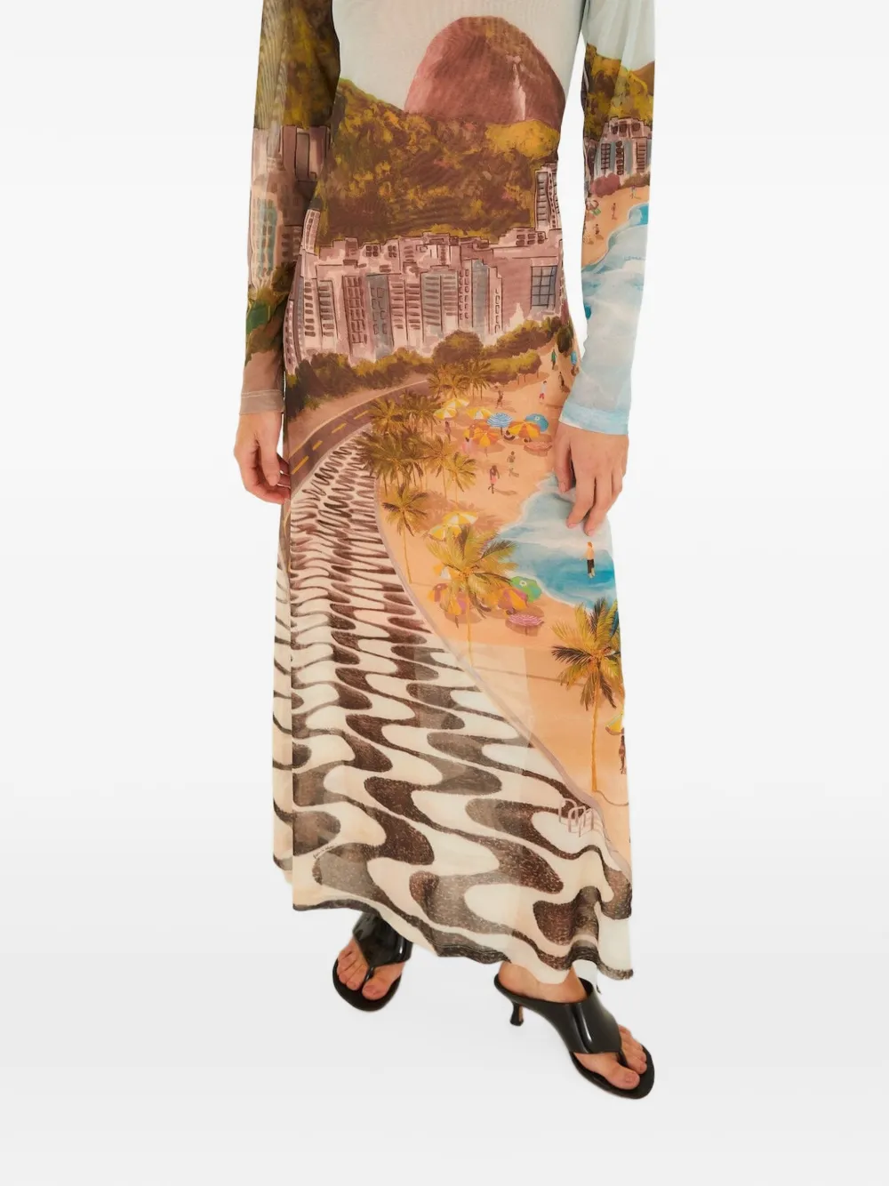 FARM Rio Maxi-jurk met lange mouwen en print Beige