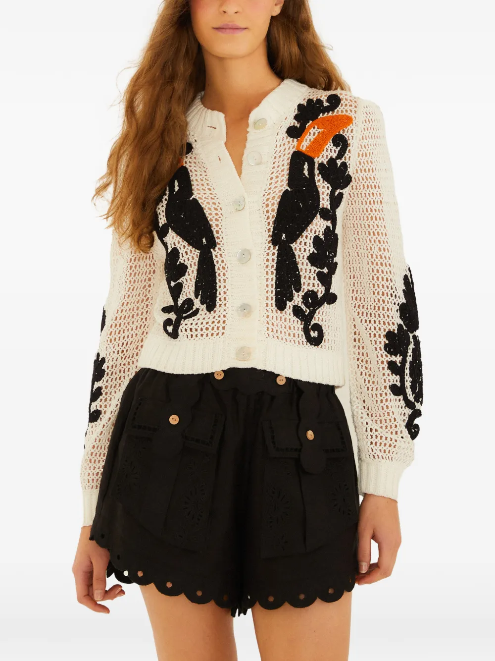 FARM Rio toucan-motif crochet cardigan - White