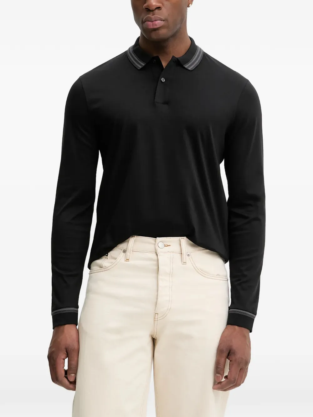 BOSS striped-collar long-sleeved polo shirt – Black BOSS striped-collar long-sleeved polo shirt – Black