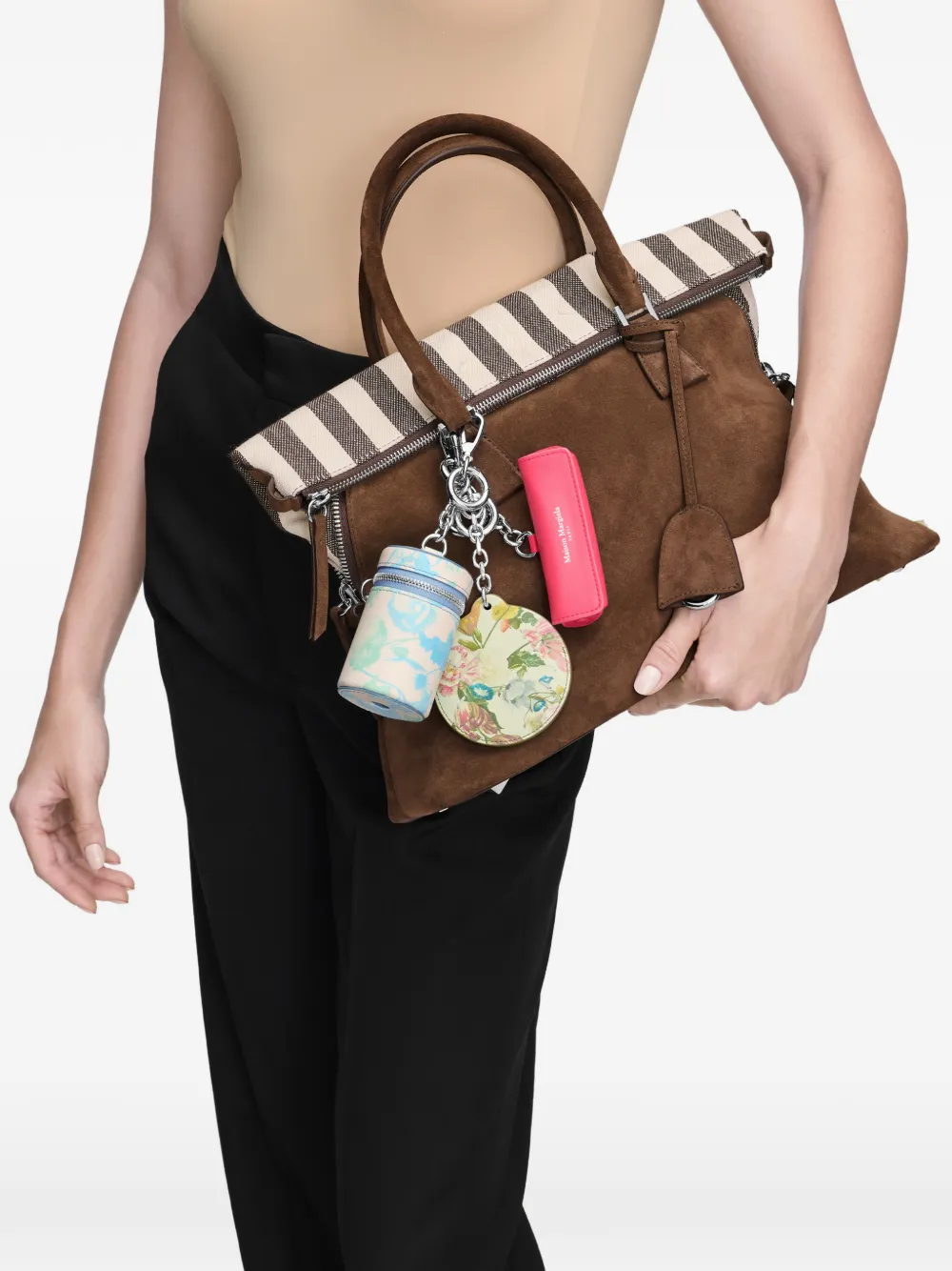 Maison Margiela Leren sleutelhanger met bloemen Beige