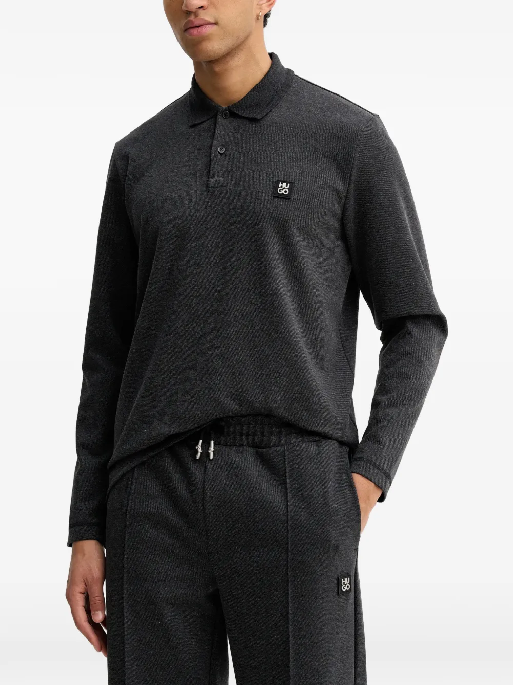 HUGO logo-patch long-sleeve polo shirt - Grigio