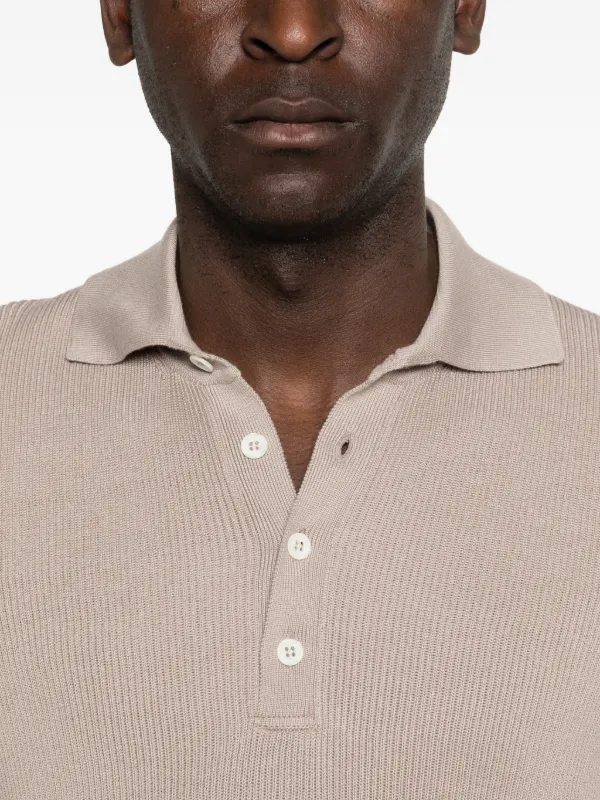 Brunello Cucinelli Half English Ribbed Knit Polo Shirt | Neutrals