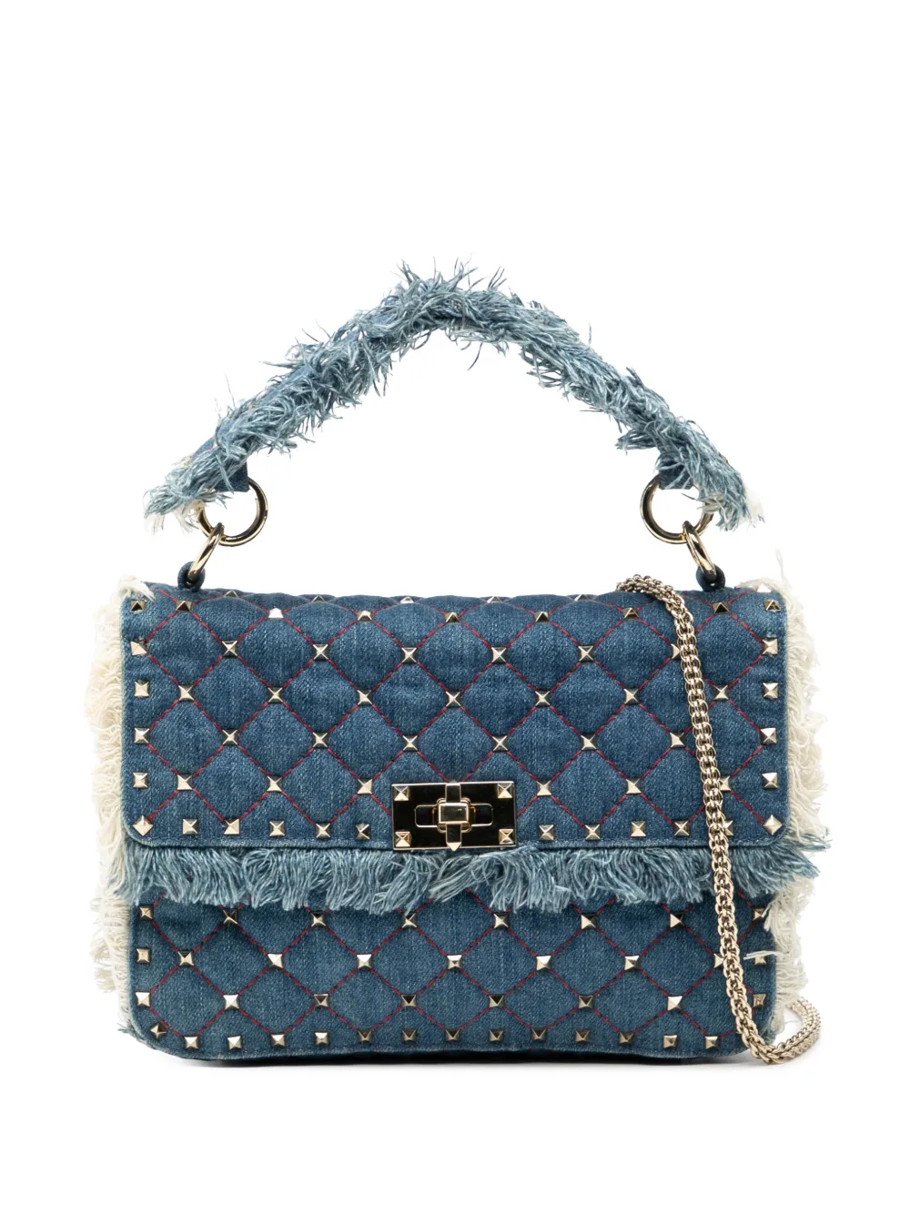 Pre-owned Valentino Garavani 2000-2017 Medium Denim Fringe Rockstud Spike Satchel In Blue