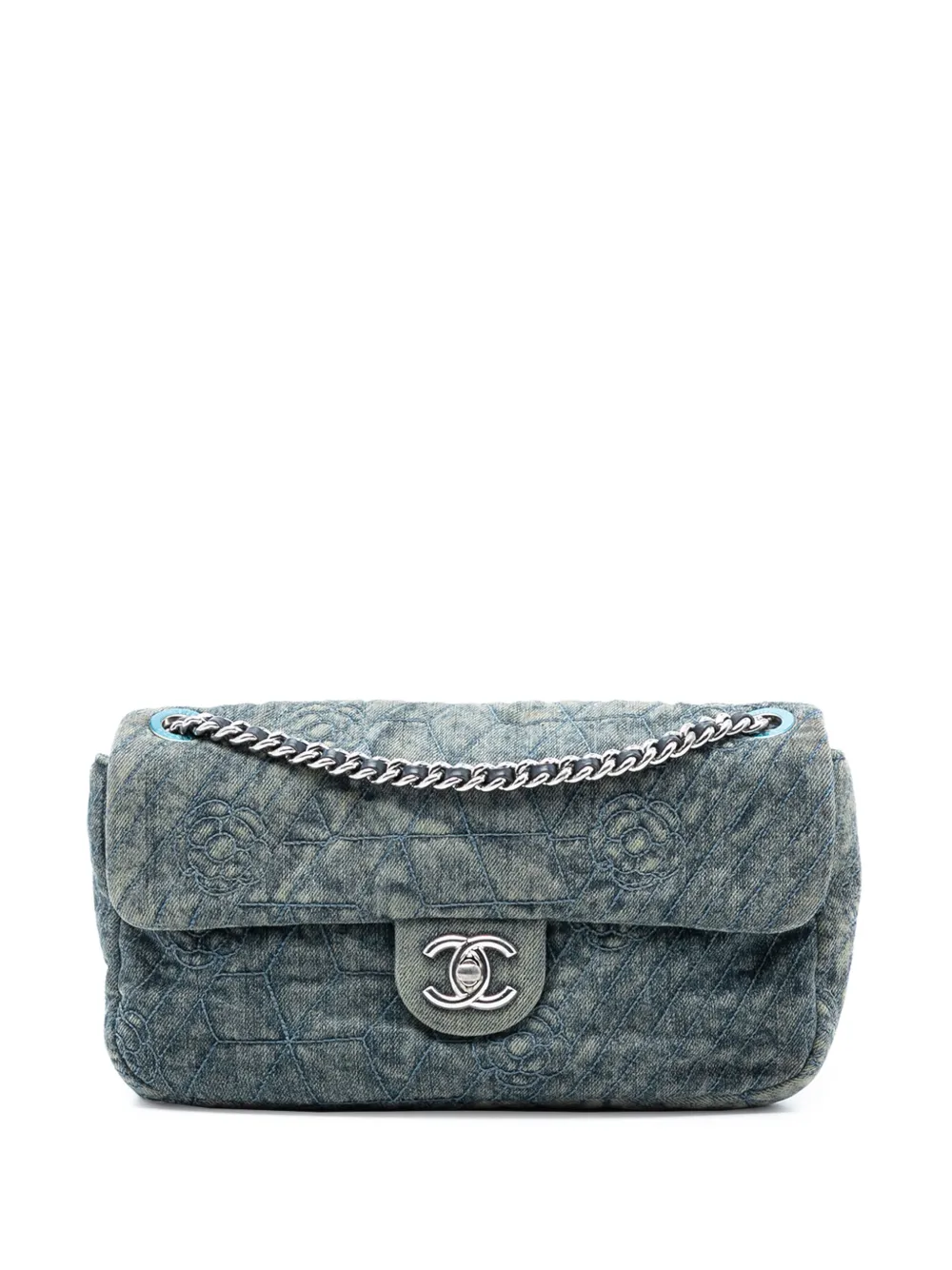 CHANEL Pre-Owned Borsa a spalla Camellia media in denim con ricamo e battente 2012 - Blu