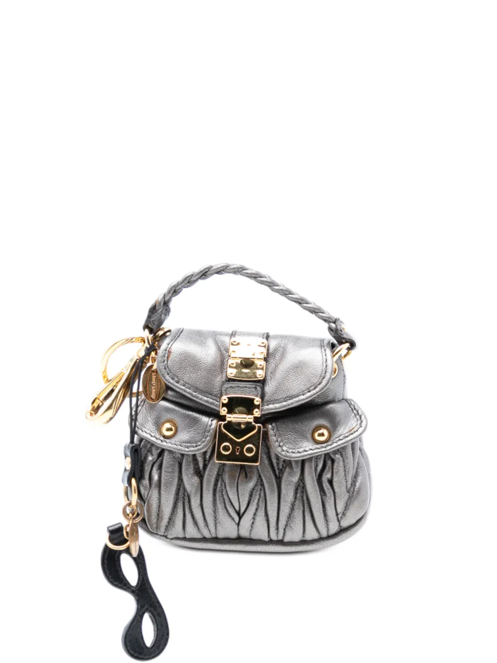 Miu Miu Pre-Owned 2000-2025 Mini Metallic Matelasse Lambskin Coffer Bag Charm key holder - Argento