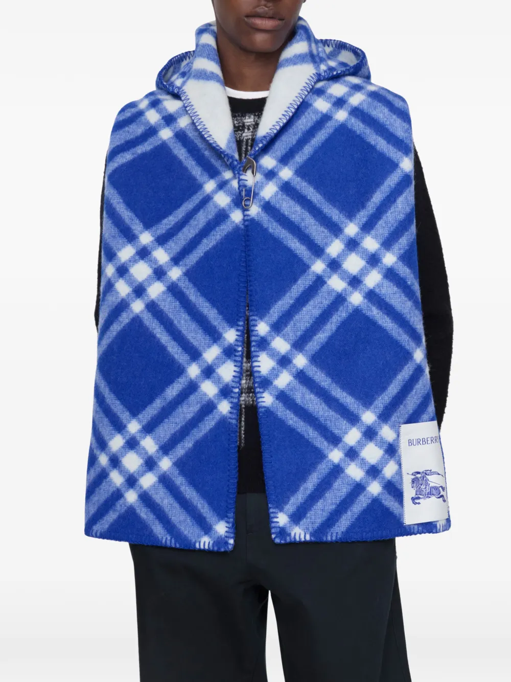 Burberry Geruite wollen sjaal met capuchon Blauw