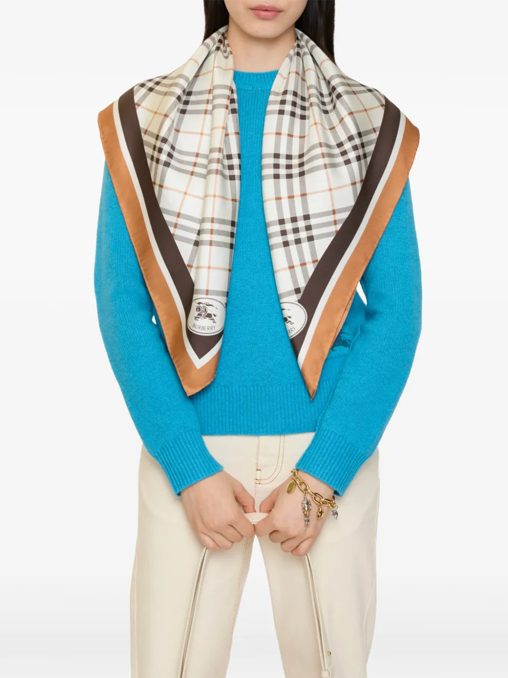  Burberry Check Knight Stamp Silk Scarf - Neutrals 