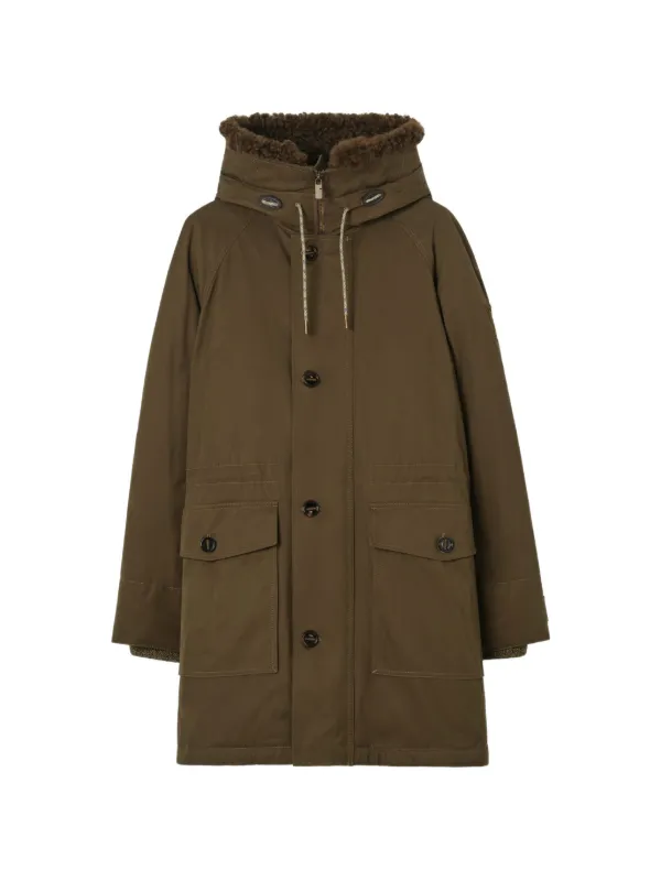 Burberry シアリングトリム ギャバジン パーカーコート | グリーン