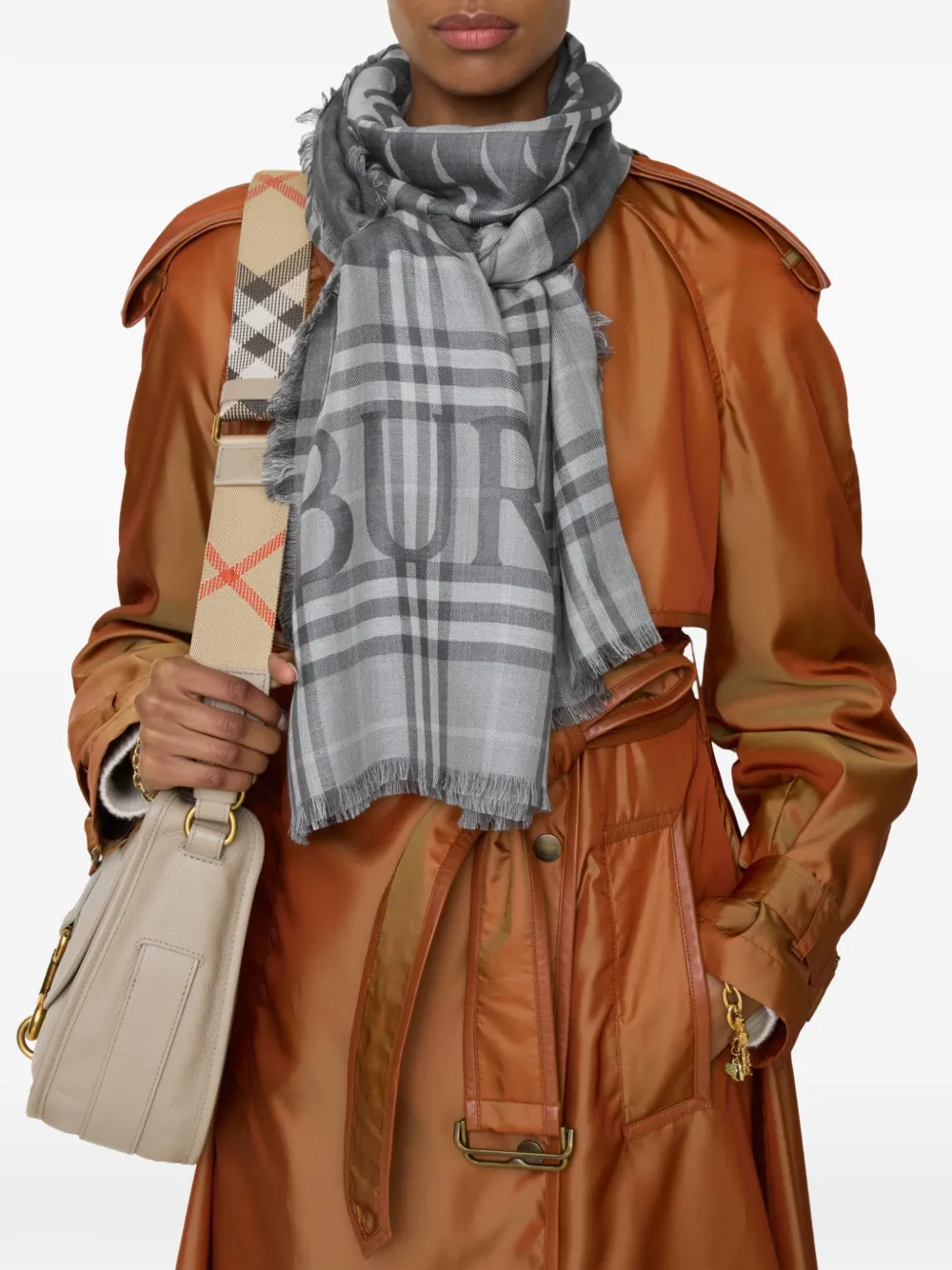 Burberry EKD geruite wollen zijden sjaal Grijs
