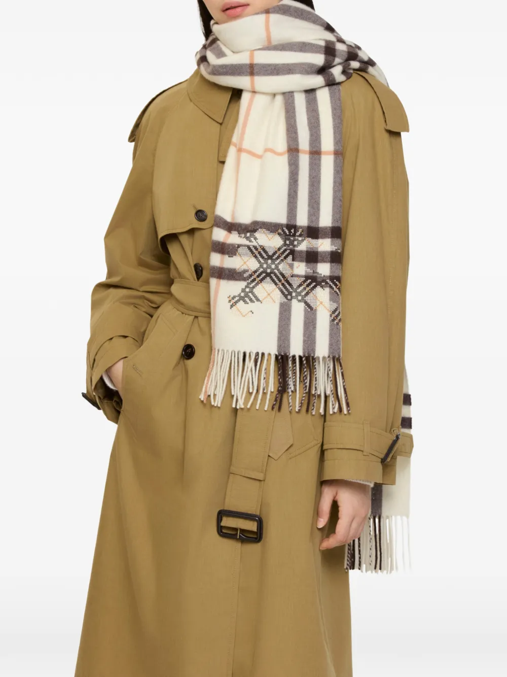 Burberry EKD Check kasjmier sjaal met brede stiksels Beige