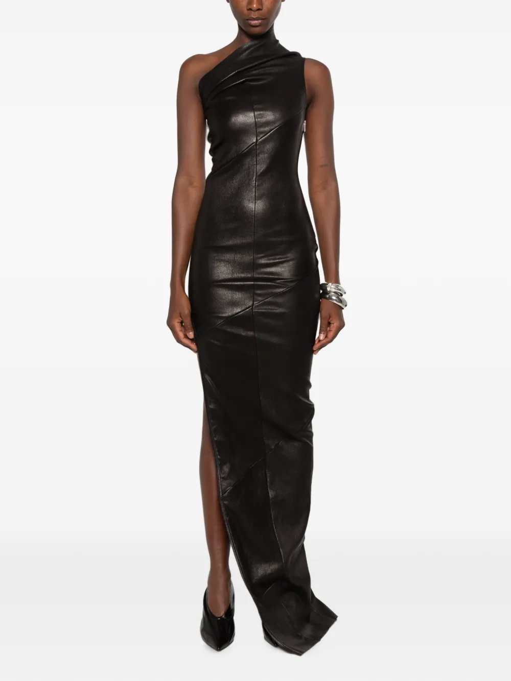Rick Owens Tower Athena Gown in Veg Stretch Leather in Black, view 3