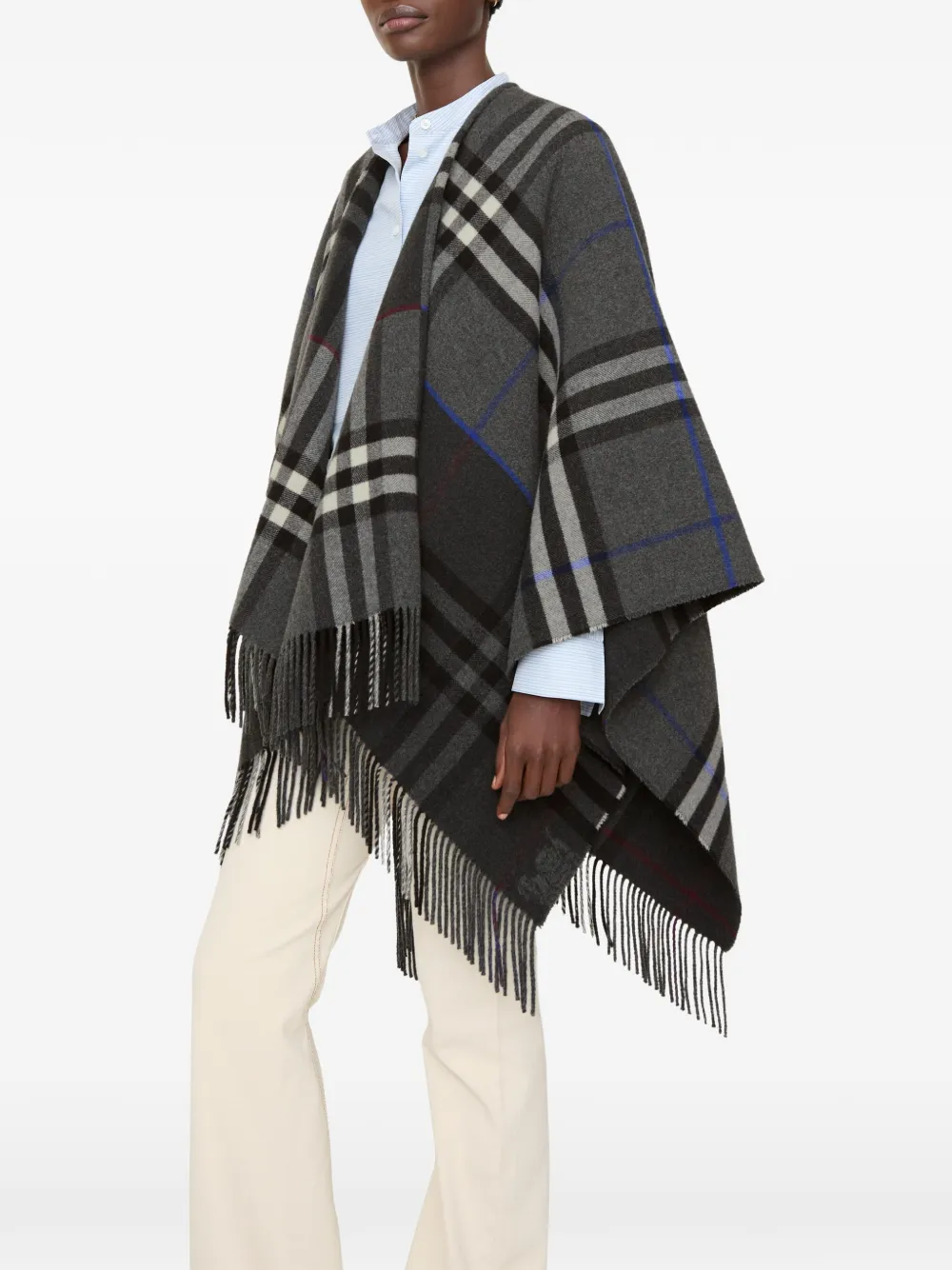  Burberry Contrast Check Cashmere Wool Cape - Grey 