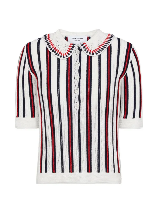 Thom Browne Crochet Stitch RWB Stripe Polo in White