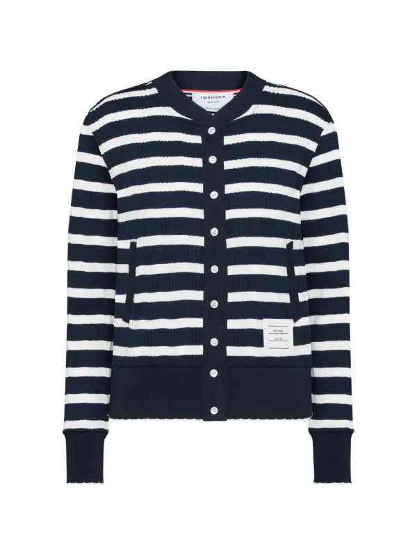 Thom Browne Striped Rib Scallop Edge Cardigan in Blue