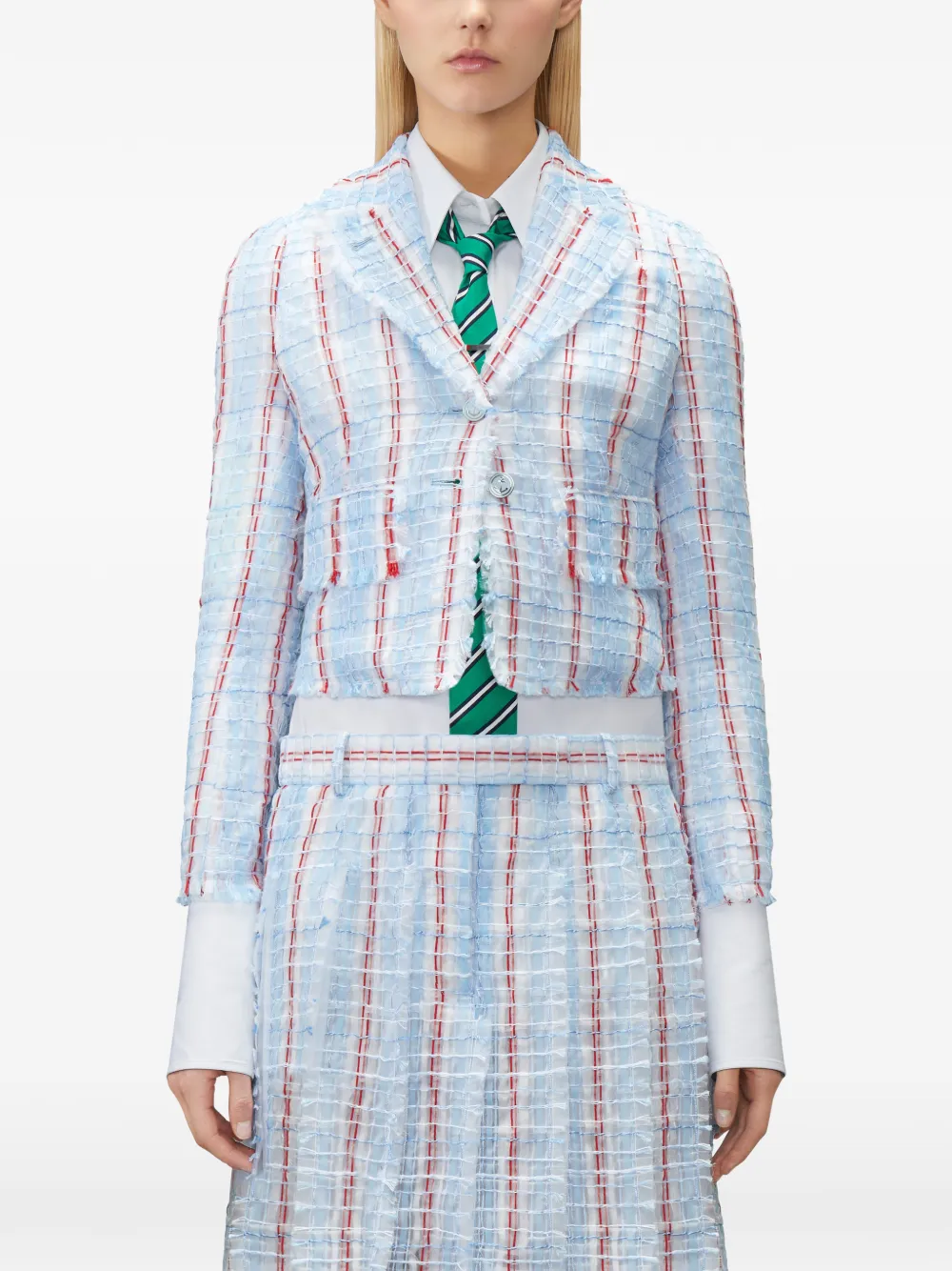 Thom Browne Gestreept tweed jack met franje Blauw
