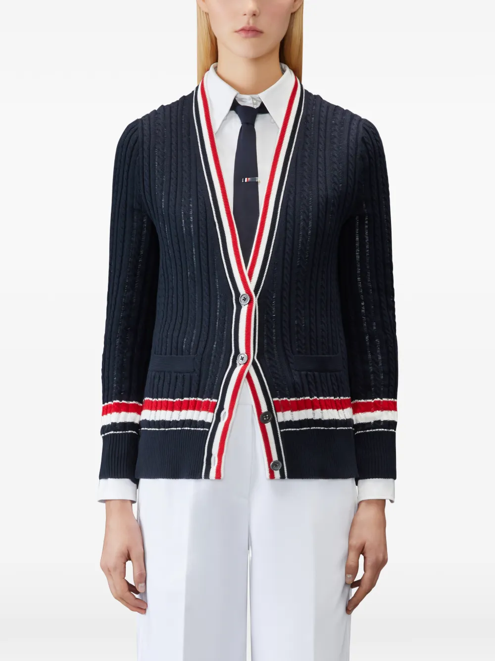 Thom Browne Kabelgebreid vest met RWB-streep Blauw