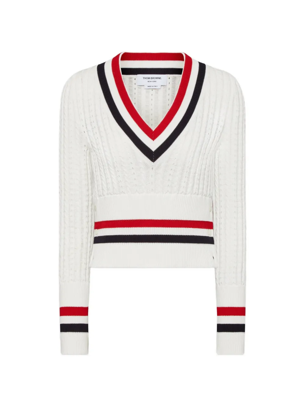 Thom Browne cricket RWB-stripe baby-ladder-cable shrunken sweater