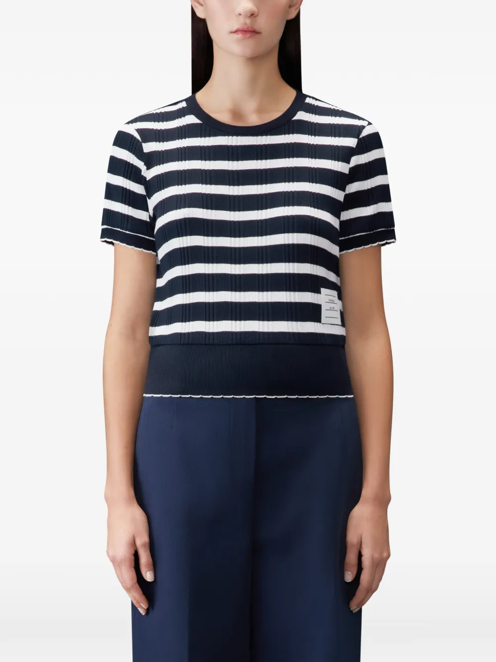 Thom Browne Gestreept T-shirt met gewelfde rand Blauw
