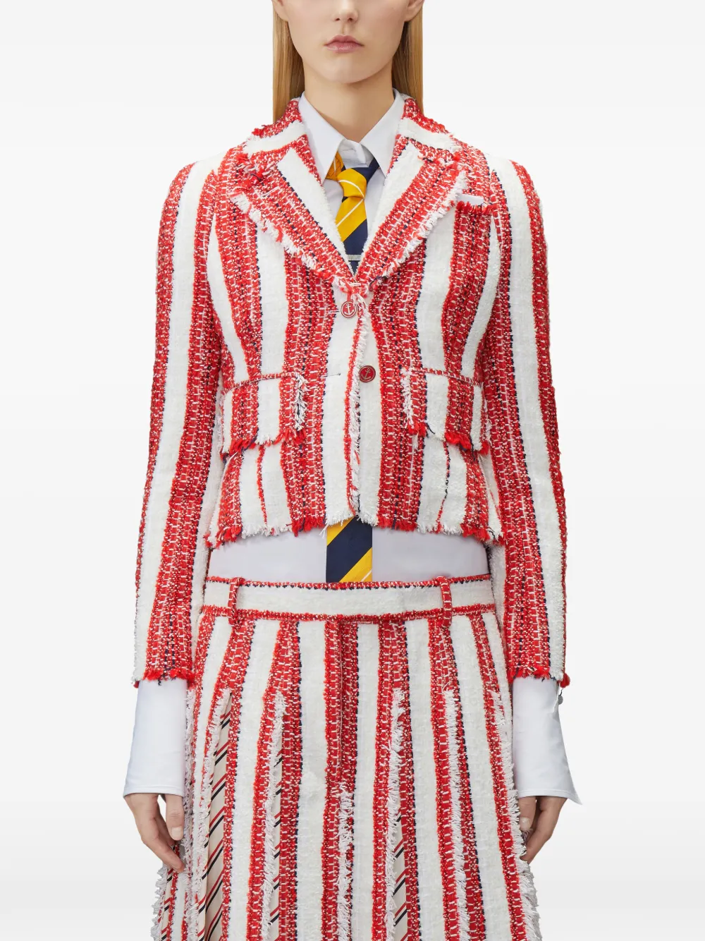 Thom Browne Tweed cropped jack met gerafelde afwerking Rood