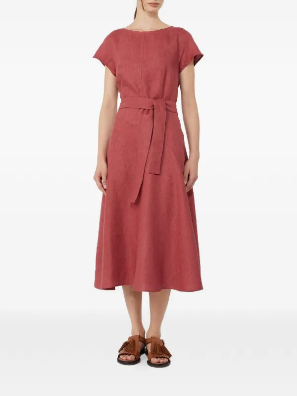 Max Mara Belted Linen Midi Dress - Red