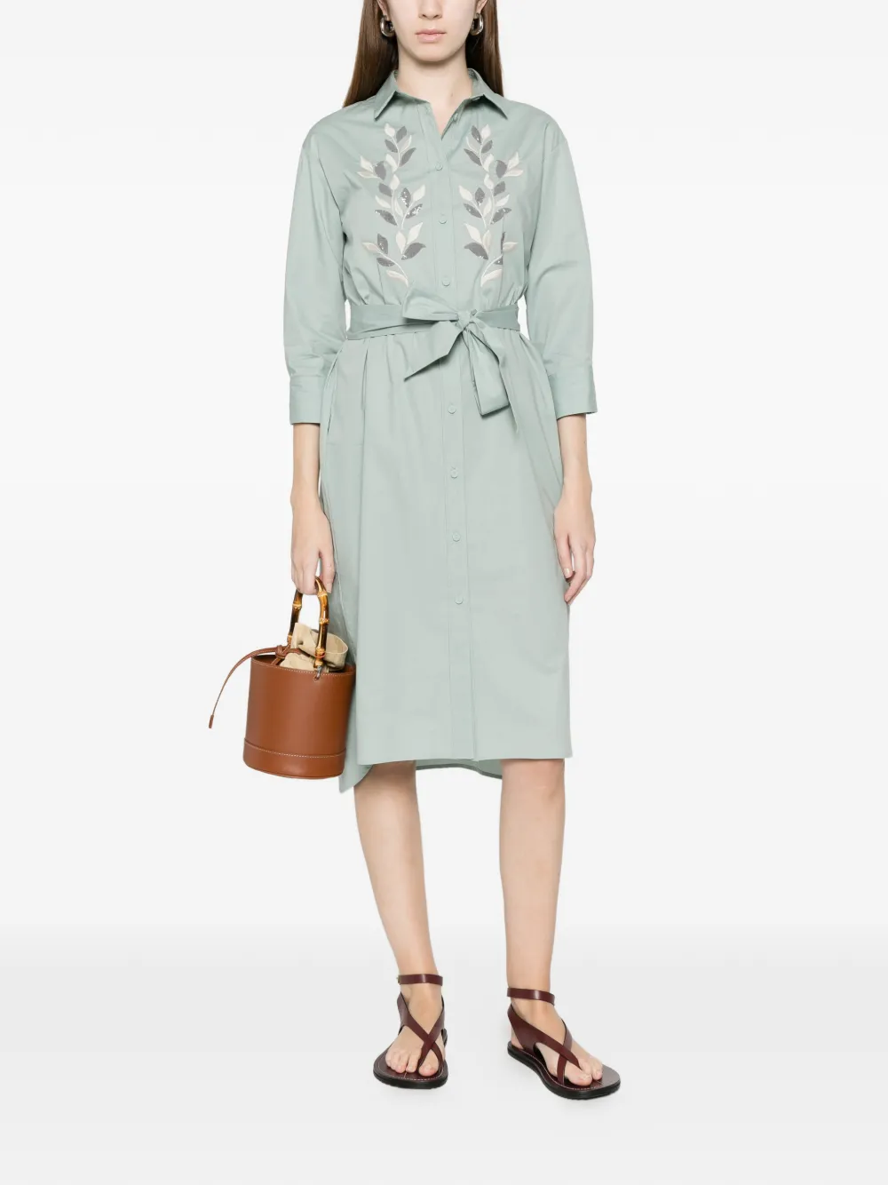 Embroidered Tie-Waist Midi Dress