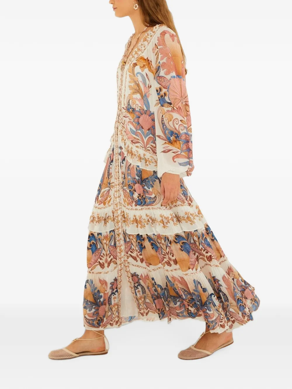 FARM Rio Gelaagde maxi-jurk met ruches Beige