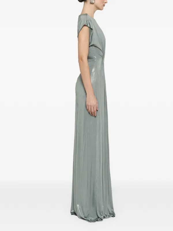 green metallic maxi dress Green Metallic Pleated Gown With 3D Flower