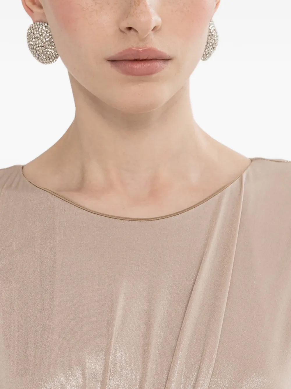 NISSA Metallic stretch-jersey maxi-jurk met ruches Beige