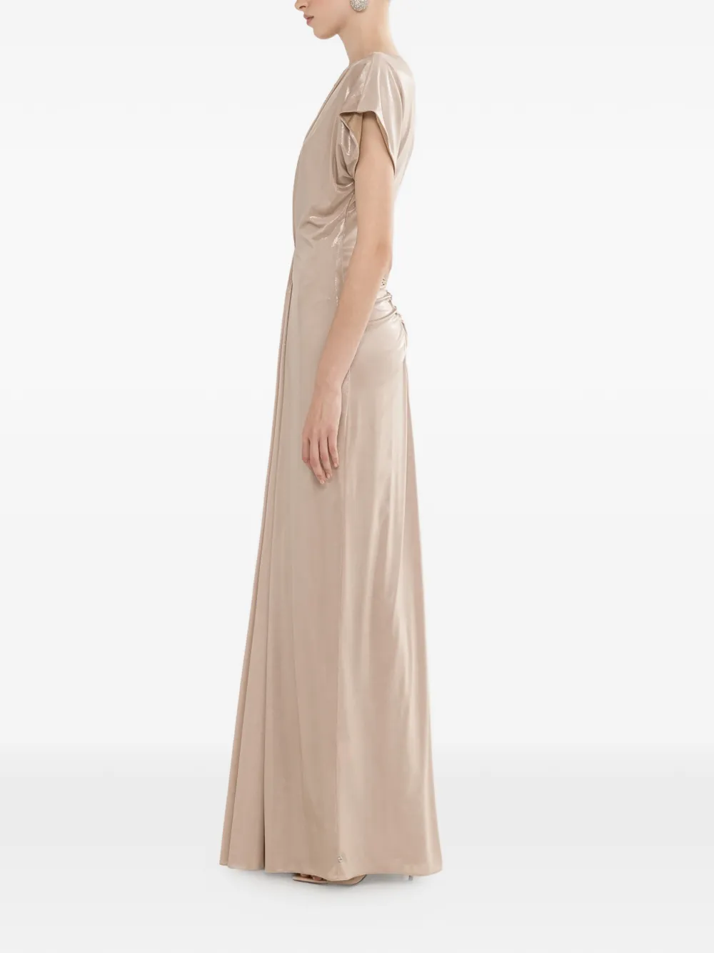 NISSA Metallic stretch-jersey maxi-jurk met ruches Beige