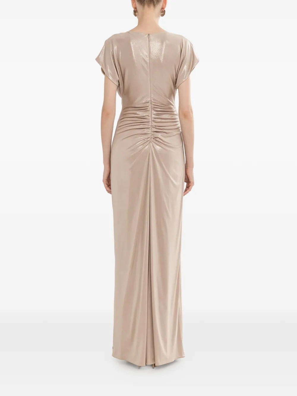 NISSA Metallic stretch-jersey maxi-jurk met ruches Beige