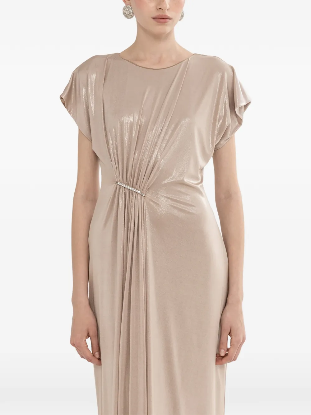 NISSA Metallic stretch-jersey maxi-jurk met ruches Beige