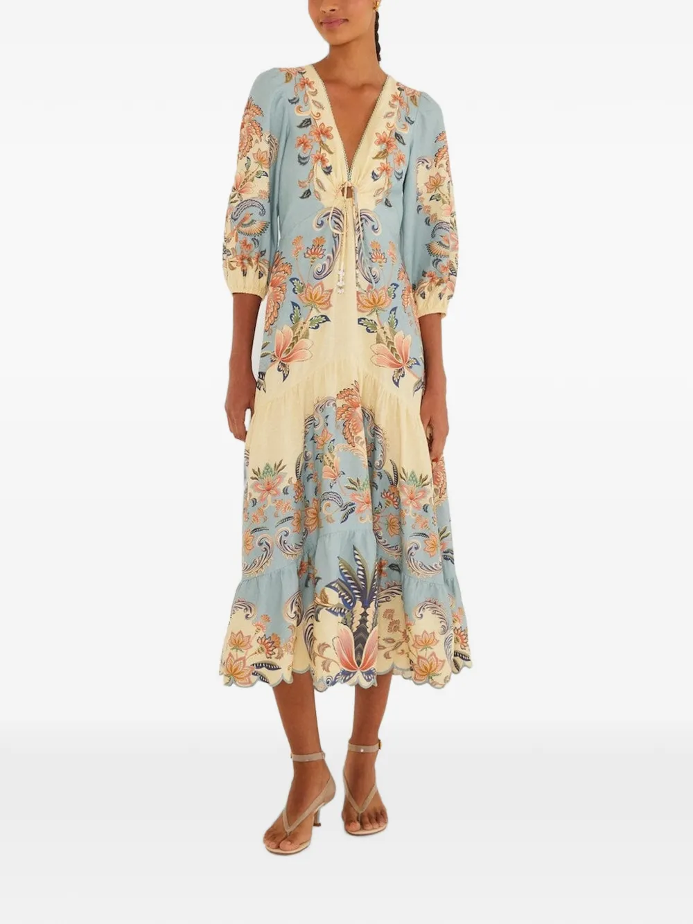 FARM Rio Midi-jurk met V-hals en bloemenprint Blauw