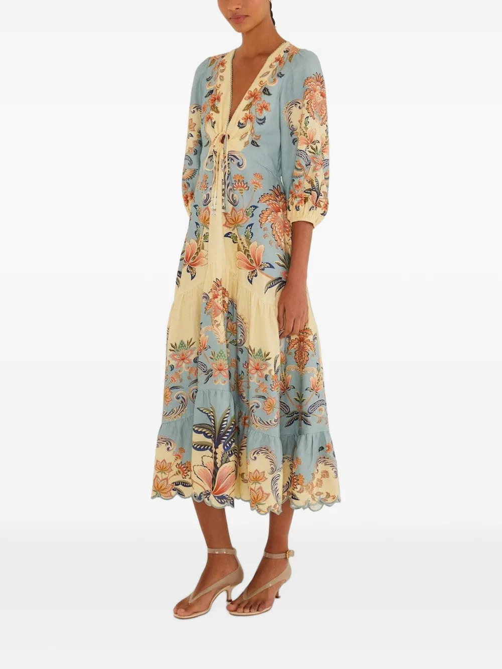 FARM Rio Midi-jurk met V-hals en bloemenprint Blauw