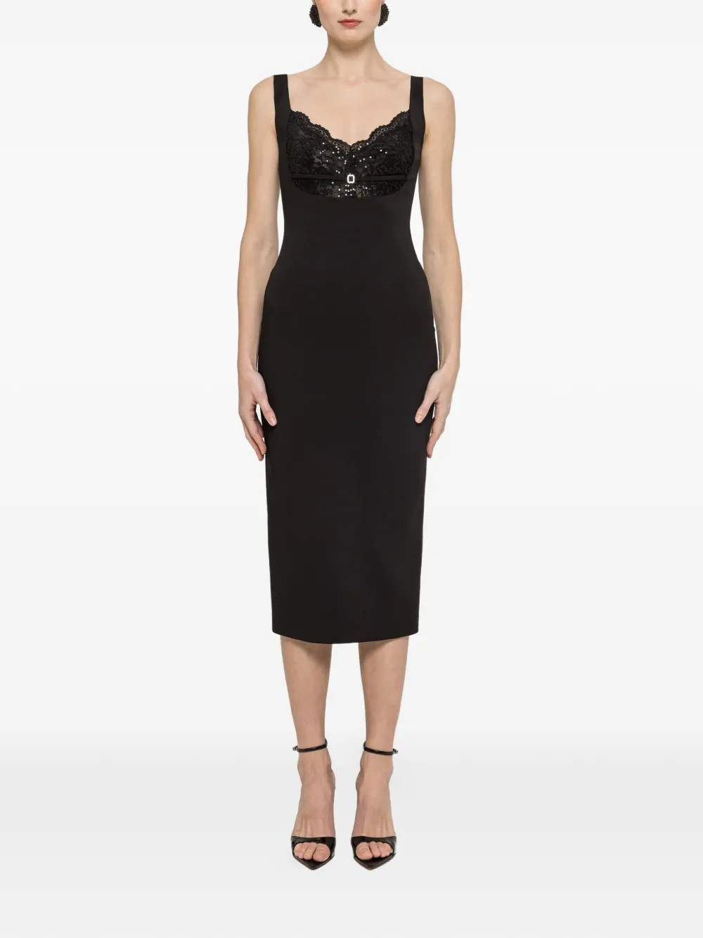 NISSA lace sequin detail midi dress - Nero