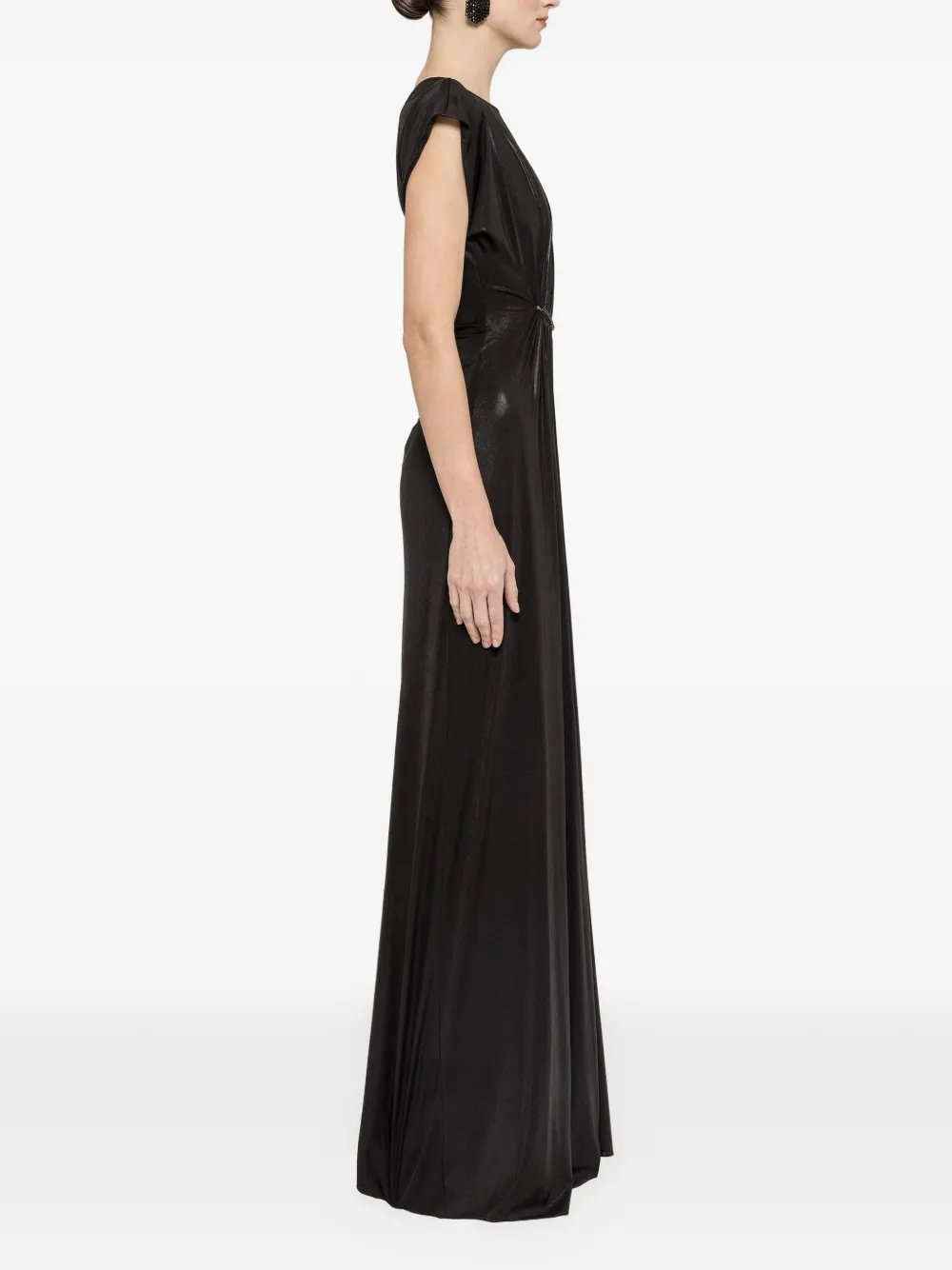NISSA Metallic stretch-jersey maxi-jurk met ruches Zwart