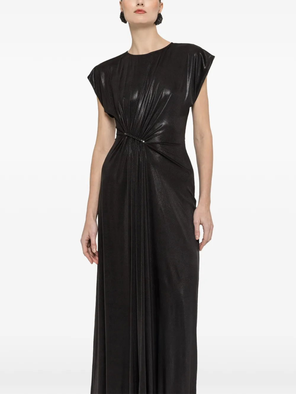 NISSA Metallic stretch-jersey maxi-jurk met ruches Zwart