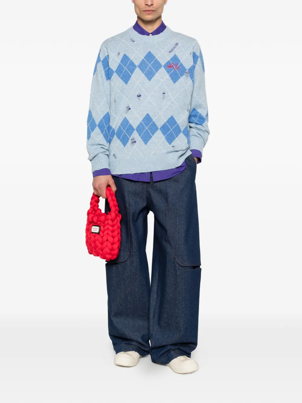 Argyle-Pattern Distressed Sweater