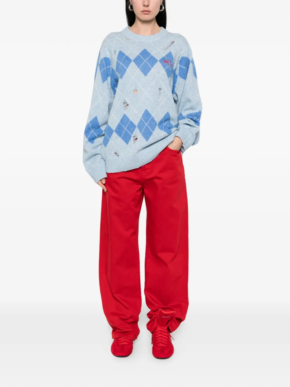 Argyle-Pattern Distressed Sweater