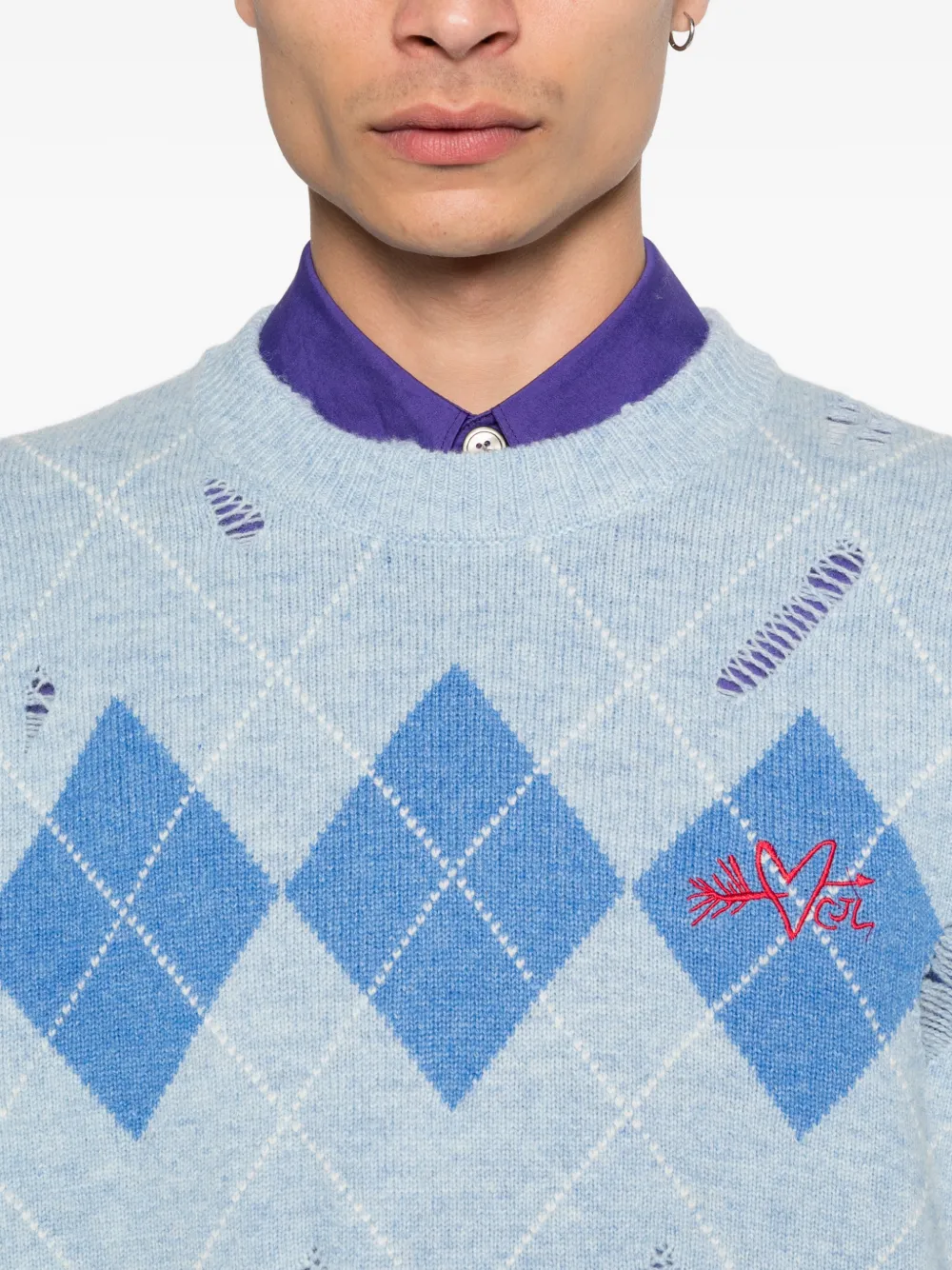 Argyle-Pattern Distressed Sweater