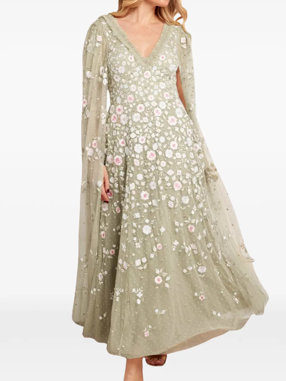  Needle & Thread Abito Lungo Ethereal Blooms Con Maniche Ad Aletta - Verde 