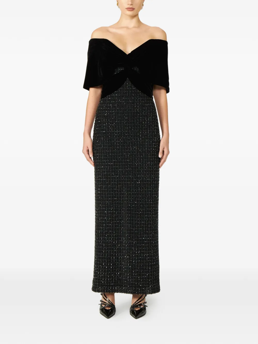 Costarellos Grace off-shoulder jurk met kralen Zwart